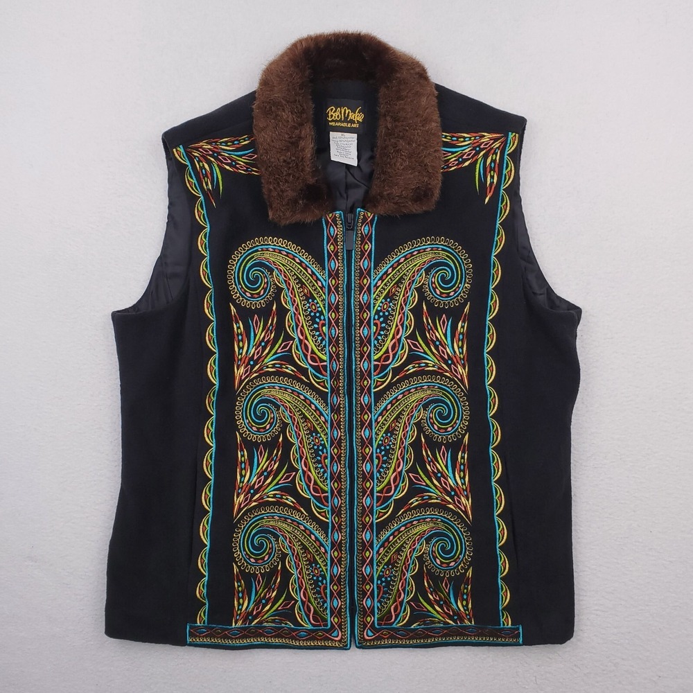 Bob Mackie Vest Womens Extra Large Black Paisley Fleece Colorful BOHO Festival